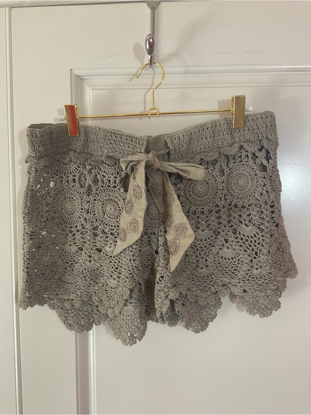 Letarte Crochet Tie-Waist Shorts in Taupe